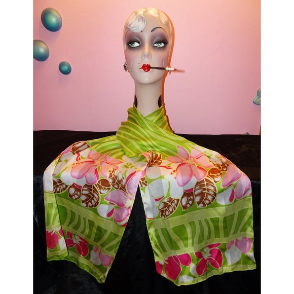 Vintage Green & Pink Floral Scarf tropical boho neck scarf pinup retro - Picture 3 of 10